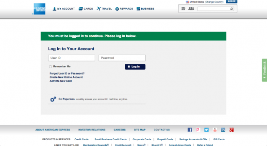 American Express Platinum Credit Card (Log In Screenshot)