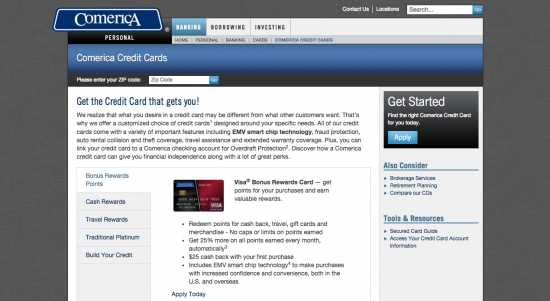 Comerica Visa Bonus Rewards Credit Card - Apply Landing Page