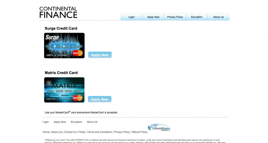 continental finance credit cards
